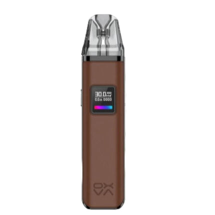 Oxva Xlim Pro Pod in brown leather, a sleek vape hardware device with a compact design and textured finish.