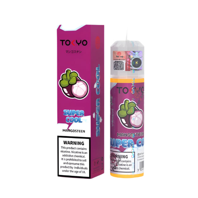 Tokyo Super Cool Mangosteen vape liquid in a 60ml bottle, featuring fresh mangosteen flavor from the imported brand.