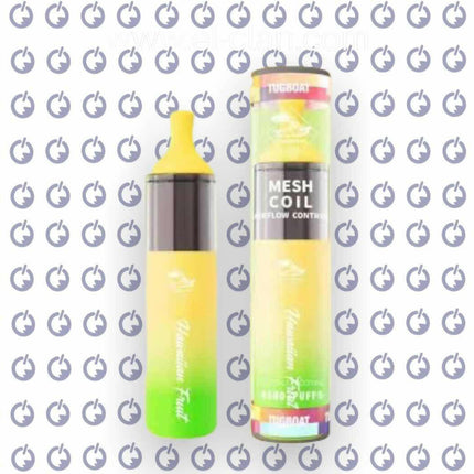 Tugboat Evo Hawaiian Fruit disposable vape with pineapple and mango flavor, 4500 puffs, salt nic, vibrant fruit design.