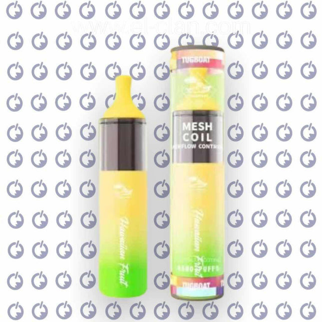 Tugboat Evo Hawaiian Fruit disposable vape with pineapple and mango flavor, 4500 puffs, salt nic, vibrant fruit design.