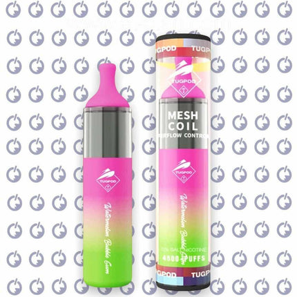Tugboat Evo Watermelon Bubble Gum disposable vape pen with 4500 puffs and salt nicotine, featuring a watermelon and bubble gum flavor.