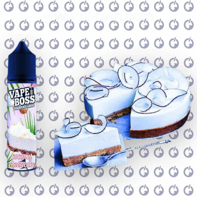 Vape Boss Coconut Cheesecake e-liquid bottle, 60ml, with coconut and cheesecake flavor, nicotine 1.5%, in a clear plastic bottle.