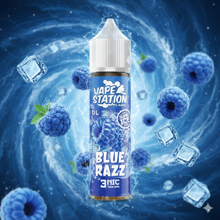 Vape Station Super Cool Blue Razz فيب ليكويد محلي in 60ml bottle with 6mg nicotine, featuring blue raspberry flavor and cool menthol.