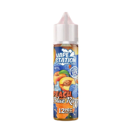 Vape Station Super Cool Peach Bluerazz flavored e-liquid in a 60ml bottle with 6mg nicotine, featuring peach and blue raspberry flavors.