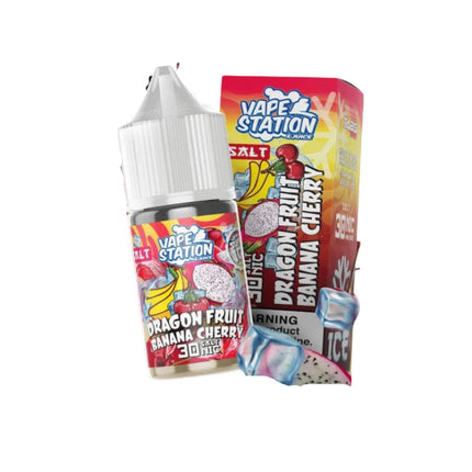 سائل فيب ليكويد من Vape Station بنكهة دراجون فروت، موز، كريز، وساقع، عبوة 30 مل، سولتنيك سائل إلكتروني.