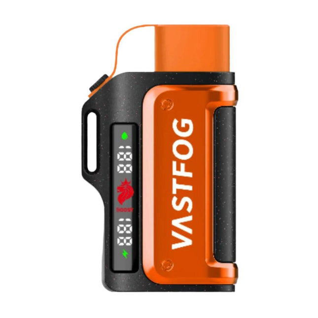 Vastfog Mech 15K Peach Ice disposable vape pen with peach flavor, 15,000 puffs, salt nicotine, in a sleek design.