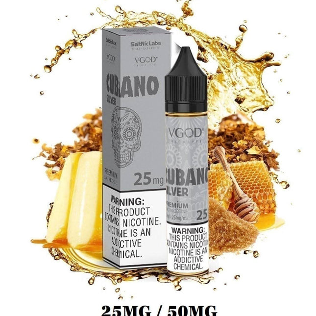 VGOD SaltNic Silver cigar-shaped vape liquid bottle, 30ml, imported nicotine salt e-liquid with sleek silver design.