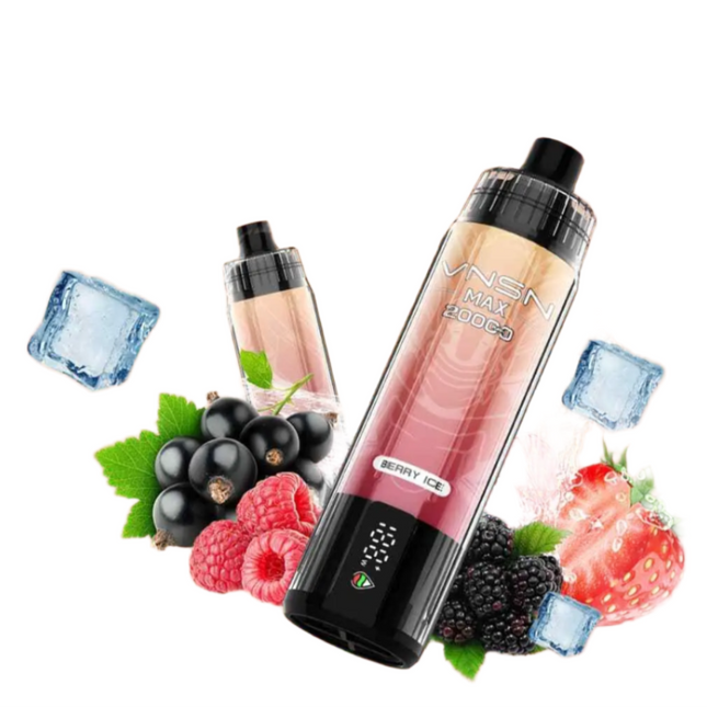 VNSN Max Disposable 20K in Berry Ice flavor, showcasing the sleek design and portable size of this vape device.