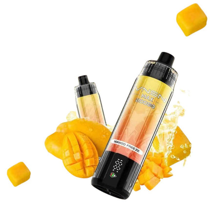 VNSN Max Disposable vape in Mango Freeze flavor, showcasing a sleek design and 20,000 puffs capacity.