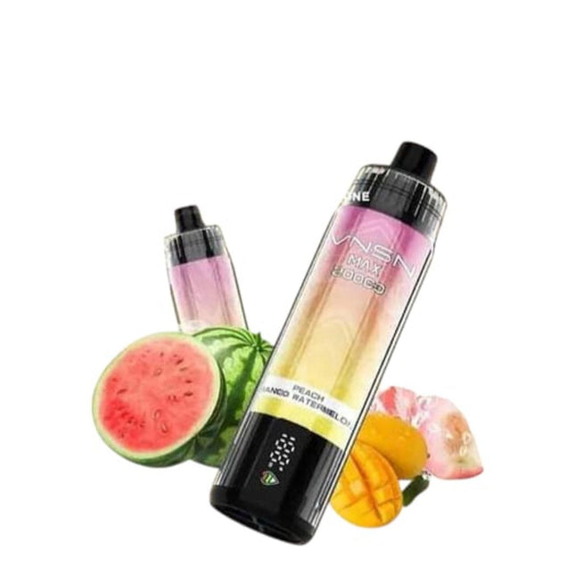 VNSN Max Disposable vape in peach, mango, and watermelon flavors, showcasing a sleek design and vibrant colors.