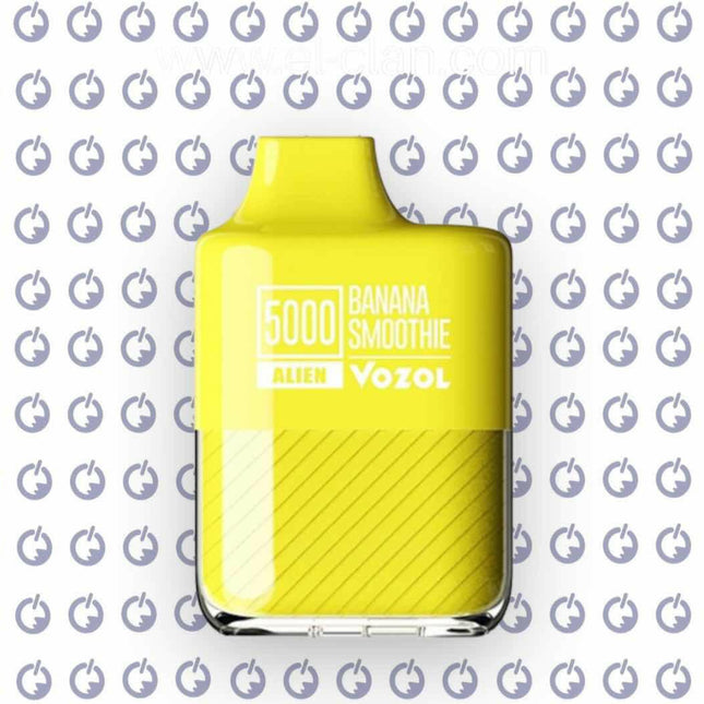 Vozol Alien 5000 Banana Smoothie disposable vape in black with colorful logo, 5000 puffs, sleek design, and flavor details visible.