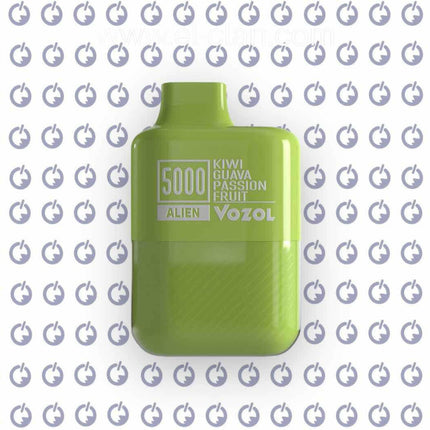 Vozol Alien 5000 Kiwi Guava Passion Fruit disposable vape with colorful packaging and flavor illustrations.