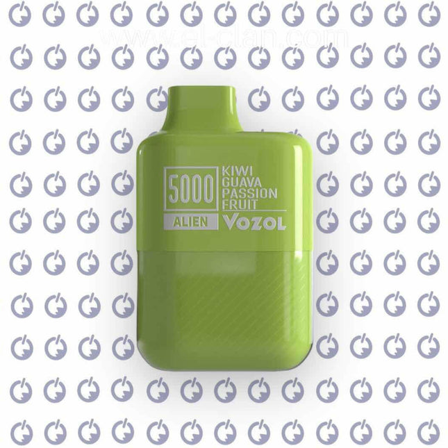 Vozol Alien 5000 Kiwi Guava Passion Fruit disposable vape with colorful packaging and flavor illustrations.