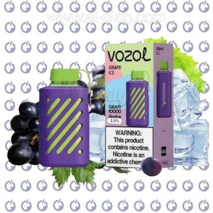 Vozol Gear 10K Grape Ice disposable vape pen with grape and mint flavor, 10,000 puffs, sleek design, and brand logo.