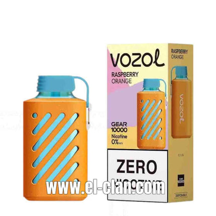 Vozol Gear 10K Raspberry Tangerine disposable vape in bright orange and red, with sleek design and flavor label visible.
