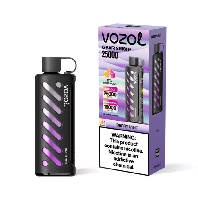 Vozol Gear Shisha 25k Berry Mint disposable vape with a sleek design and berry mint flavor, showcasing the product packaging.