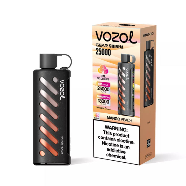 فيب فير Vozol Gear شيشة مانجو خوخ ديبوسبل مع 25000 نفخة و50 ملح نيكوتين، تصوير لمنتج الشيشة المحمول