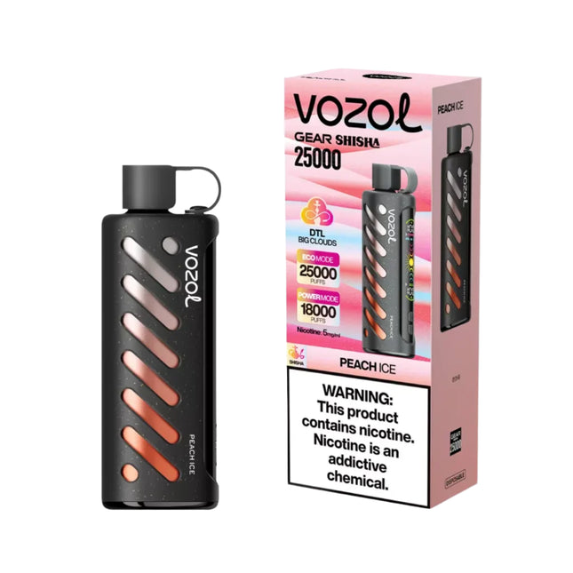 شريحة فيب Vozol Gear Shisha 25k نكهة خوخ ساقع، قابلة للاستعمال مرة واحدة، تحتوي على 50 ملغ سولتنيك، تظهر في الصورة