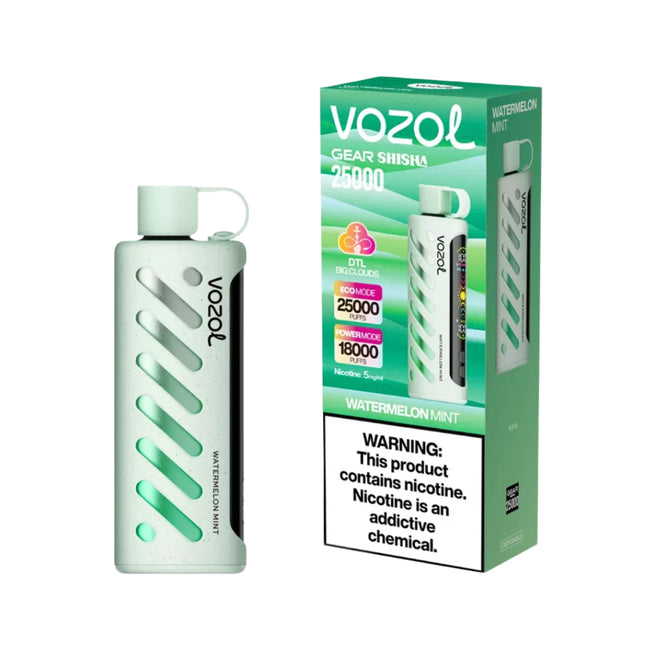 فيب Vozol Gear Shisha 25K بنكهة بطيخ ونعناع، جهاز شيشة ديبوسبل محمول مع 25000 نفخة وملح نيكوتين