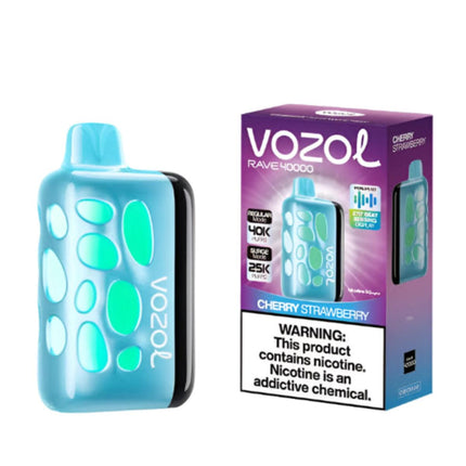 سيجارة فيب Vozol Rave 40k نكهة كريز وفراولة، ديسبوسبل بسعة 40000 نفخة و50 ملح نيكوتين، تصميم أنيق وملون.