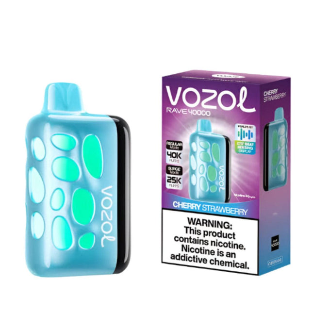 سيجارة فيب Vozol Rave 40k نكهة كريز وفراولة، ديسبوسبل بسعة 40000 نفخة و50 ملح نيكوتين، تصميم أنيق وملون.