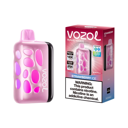 سحبة فيب Vozol Rave 40k بطعم الفراولة المثلجة، جهاز ديسبوسبل من ماركة Vozol مع 40000 نفخة وملح نيكوتين طبيعي
