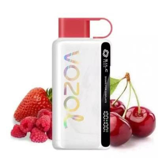 Vozol Star 12K disposable vape with strawberry, raspberry, and cherry flavors, 12000 puffs, nicotine salt e-liquid.