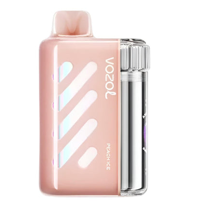 جهاز فيب Vozol Vista 40K Peach Ice قابل للاستخدام مرة واحدة بنكهة خوخ ساقع، يحتوي على 40000 نفخة و50 ملح نيكوتين