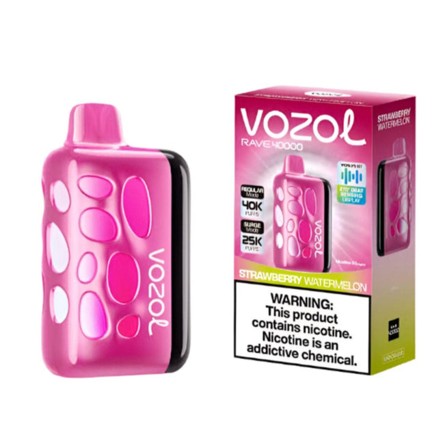 Vozol Rave 40k disposable vape with strawberry watermelon flavor, showing the device with colorful packaging.